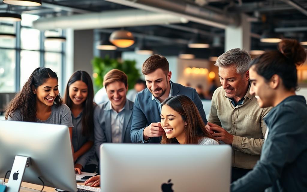 A bustling office setting, where young professionals engage in various tasks. In the foreground, a group of enthusiastic millennials collaborate on a project, their faces lit by the warm glow of computer screens. In the middle ground, experienced mentors guide and encourage the young team members, fostering a supportive and nurturing environment. The background showcases the company's innovative workspace, with sleek, modern furnishings and abundant natural light streaming through large windows. The overall atmosphere conveys a sense of opportunity, growth, and a commitment to investing in the future generation of talented individuals.