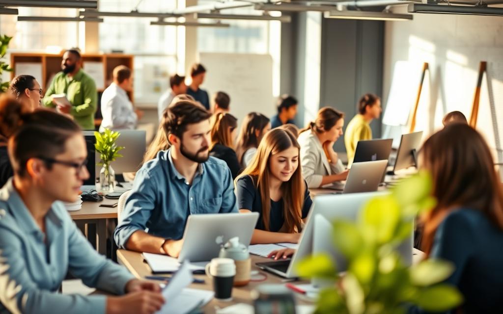 A bustling office setting, with young professionals engaged in various activities - collaborating at desks, participating in group discussions, and utilizing modern technology. The scene is bathed in warm, natural lighting, conveying a sense of productivity and opportunity. In the background, blurred but visible, are symbols of career growth and development, such as a whiteboard with career planning notes and a company logo. The overall atmosphere exudes a spirit of mentorship, skill-building, and newfound confidence, capturing the transformative impact of the Young Apprentice program on the professional lives of its participants.