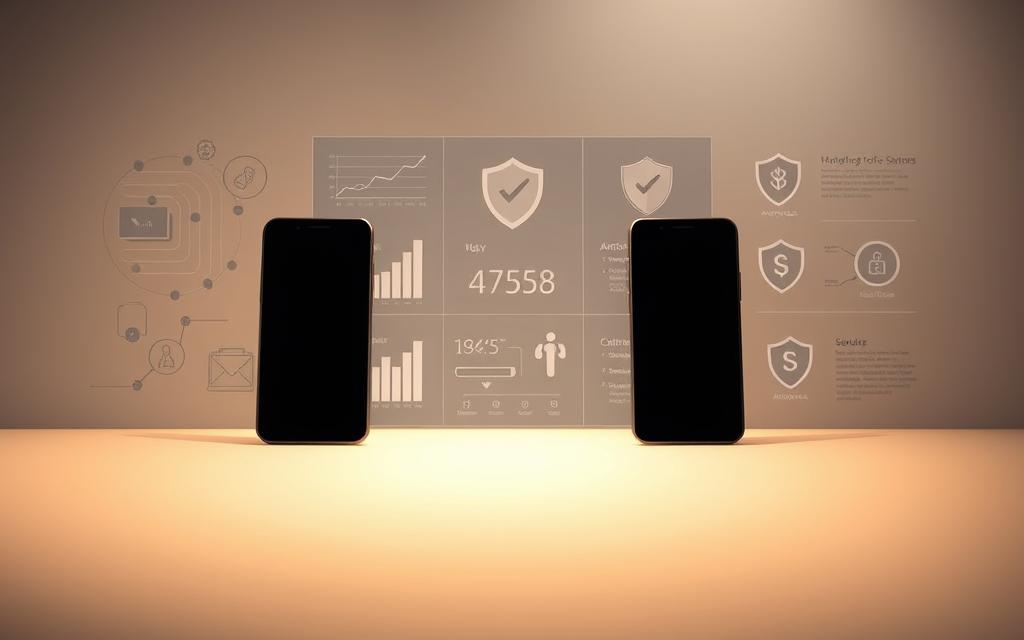 A comparative analysis of mobile security, showcasing various antivirus software options for Android devices. In the foreground, three smartphone silhouettes in sleek, minimalist design, each representing a different antivirus solution. The middle ground features abstract data visualizations, charts, and security icons, highlighting the key features and performance metrics of each antivirus. The background employs a muted color palette, creating a sophisticated, professional atmosphere, with subtle patterns or textures suggesting the technical nature of the subject matter. Soft, directional lighting casts a warm, authoritative glow, emphasizing the importance of mobile security. The overall composition conveys a sense of informed decision-making, empowering users to make the best choice for their Android device protection.