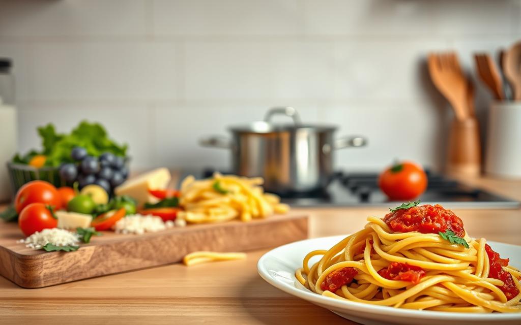A cozy kitchen countertop, clean and well-lit, showcasing a variety of tempting pasta dishes. In the foreground, a plate of freshly cooked spaghetti, delicately twirled and dressed with a vibrant tomato sauce. Beside it, a wooden board displaying an assortment of colorful vegetables, herbs, and parmesan cheese, ready to be incorporated into the meal. In the middle ground, a steaming pot of boiling water, bubbling with the promise of more pasta creations. The background features a simple, minimalist tile backsplash, allowing the food to take center stage. The overall scene exudes a sense of homemade comfort and culinary delight, capturing the essence of pasta-inspired WhatsApp images.