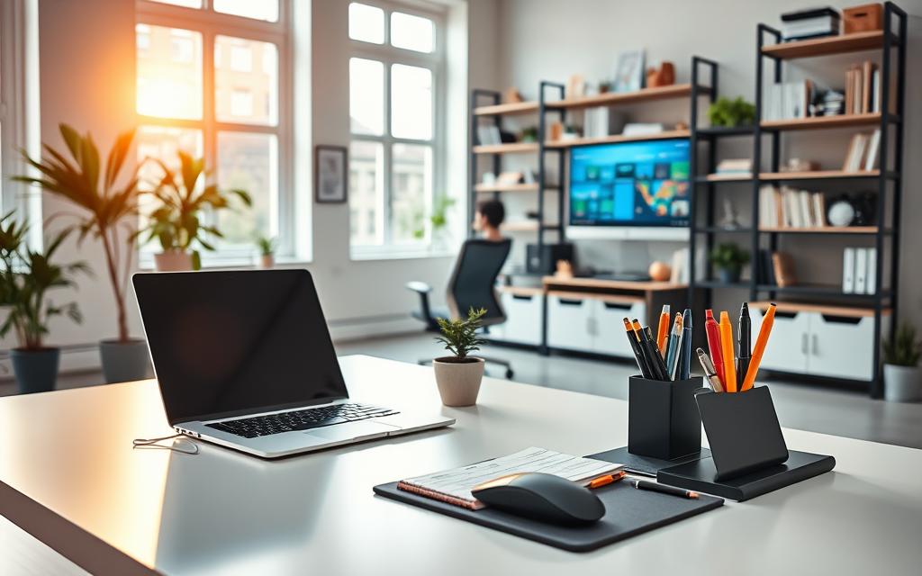 A dynamic and organized office space, illuminated by warm, natural lighting filtering through large windows. In the foreground, a sleek, minimalist desk with a high-end laptop, wireless mouse, and a tablet for productivity and collaboration. On the desk, a smart desk organizer holds pens, a notebook, and other essential work tools. The middle ground features an ergonomic office chair, a potted plant, and a high-resolution monitor displaying productivity-boosting software. The background showcases a wall-mounted shelving unit filled with reference materials, books, and work-related decor, creating a harmonious and inspiring work environment.