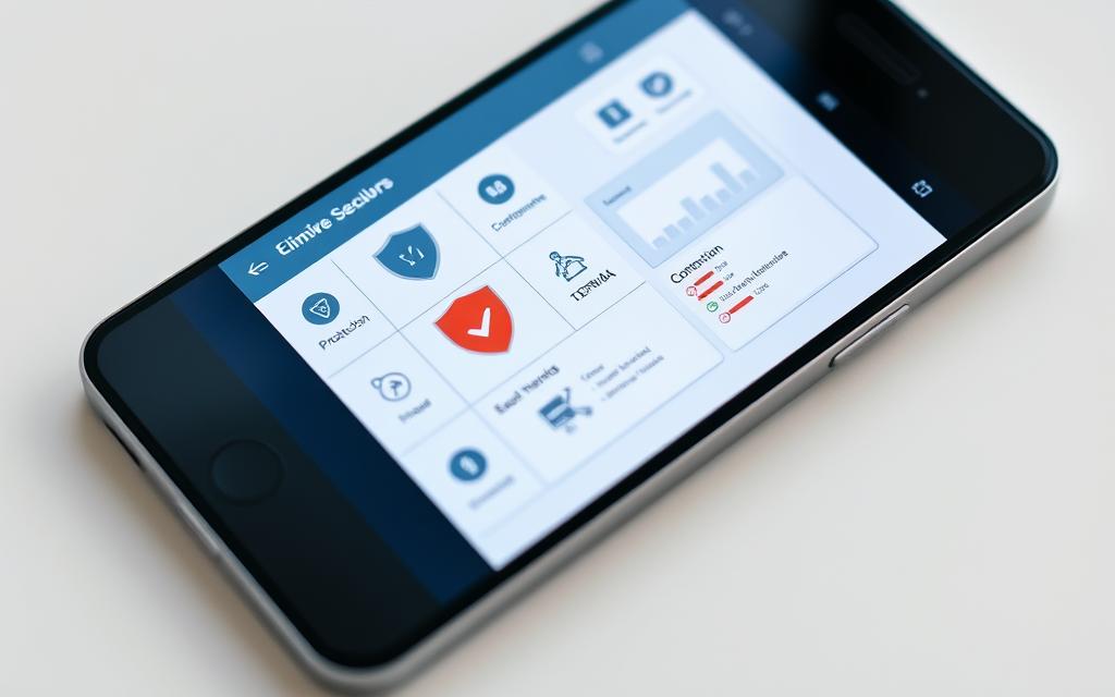 A high-resolution photograph of a mobile device with a comprehensive security interface displayed on its screen. The interface features intuitive icons and clear data visualizations, showcasing the device's protection against various malware threats. The mobile device is placed on a minimalist, clean surface, with soft lighting accentuating the screen's details. The overall composition conveys a sense of trust, reliability, and technological sophistication, aligning with the subject of the article's "Bitdefender Mobile Security" analysis.