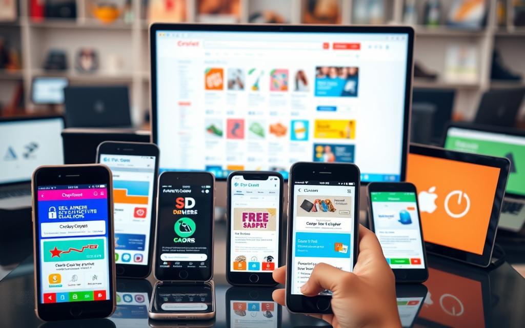 A meticulously crafted composition depicting a vibrant collection of coupon and cashback-focused websites and mobile applications. The foreground showcases several smartphone screens displaying various coupon and deal-finding platforms, each with a clean, minimalist interface and engaging graphics. The middle ground features a desktop computer monitor displaying a comprehensive coupon aggregator site, its layout optimized for easy navigation and comparison. In the background, a softly blurred array of mobile devices and laptops suggests the ubiquity of these money-saving tools across multiple devices and platforms. The overall scene conveys a sense of efficiency, organization, and the empowerment of savvy online shoppers seeking the best deals.