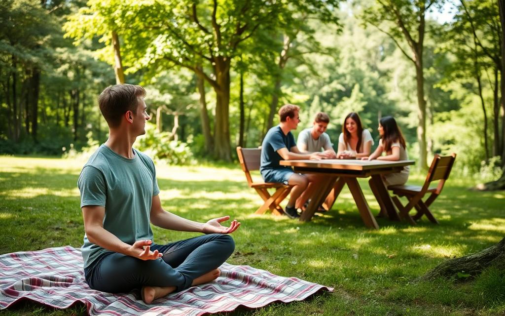 A peaceful outdoor scene depicting a range of offline activities for a healthy daily routine. In the foreground, a person sits cross-legged on a picnic blanket, engaged in a mindfulness meditation practice. In the middle ground, a group of friends play a board game on a rustic wooden table, laughter filling the air. In the background, a lush green forest provides a serene natural backdrop, with sunlight filtering through the leaves. The overall atmosphere conveys a sense of tranquility, disconnection from technology, and the rejuvenating power of unplugged pursuits.