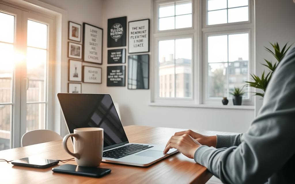 A serene home office with a laptop, smartphone, and coffee mug on a minimalist wooden desk. In the background, a gallery wall displays digital artwork and inspirational quotes. Sunlight streams in through large windows, casting a warm glow over the scene. In the foreground, a freelancer works intently, their hands typing furiously on the keyboard. The atmosphere exudes focus, productivity, and the promise of digital opportunities. A sleek, modern aesthetic pervades the space, reflecting the cutting-edge nature of the digital consulting work being undertaken.