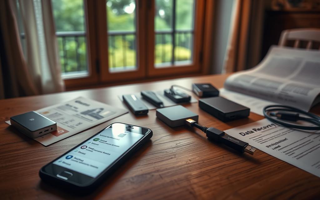 A serene indoor setting with a smartphone, various data recovery tools, and informative documents on a wooden table. Soft, warm lighting illuminates the scene, creating a contemplative atmosphere. In the foreground, the smartphone's screen displays file recovery options, while nearby, external hard drives, USB cables, and other digital storage devices suggest solutions for specific data recovery challenges. In the background, a window offers a glimpse of a lush, verdant outdoor landscape, symbolizing the restoration of lost digital memories. The overall composition conveys a sense of focus, problem-solving, and the harmonious intersection of technology and nature.