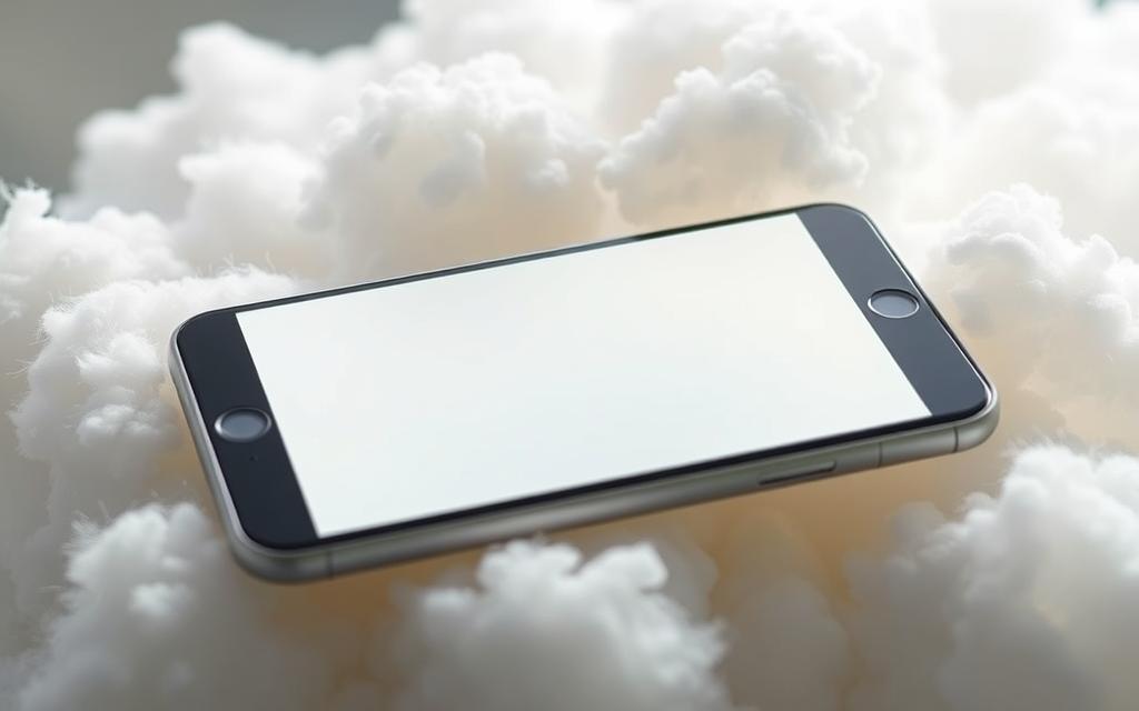A sleek mobile device rests against a backdrop of fluffy white clouds, symbolizing the seamless integration of cloud storage solutions. The device's screen displays a simple yet intuitive interface, showcasing the effortless management of digital files. The lighting is soft and natural, highlighting the device's elegant design and the ethereal nature of cloud-based storage. The composition conveys a sense of ease and accessibility, inviting the viewer to explore the convenience of freeing up space on their mobile device without sacrificing cherished memories.