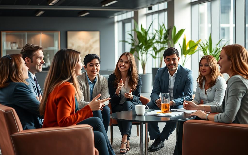 A vibrant and dynamic panel discussion on a modern office setting, with a group of young adults engaged in a selective hiring process. The foreground features a diverse group of applicants, dressed professionally, making eye contact and gesturing animatedly as they participate in a group interview or evaluation. The middle ground showcases a stylish, well-lit conference room with tasteful furniture and decor, conveying a sense of professionalism and opportunity. The background subtly hints at the corporate environment, with sleek architecture, potted plants, and natural lighting streaming in through large windows. The overall atmosphere radiates a sense of anticipation, determination, and the promise of a meaningful career path for the young job seekers.