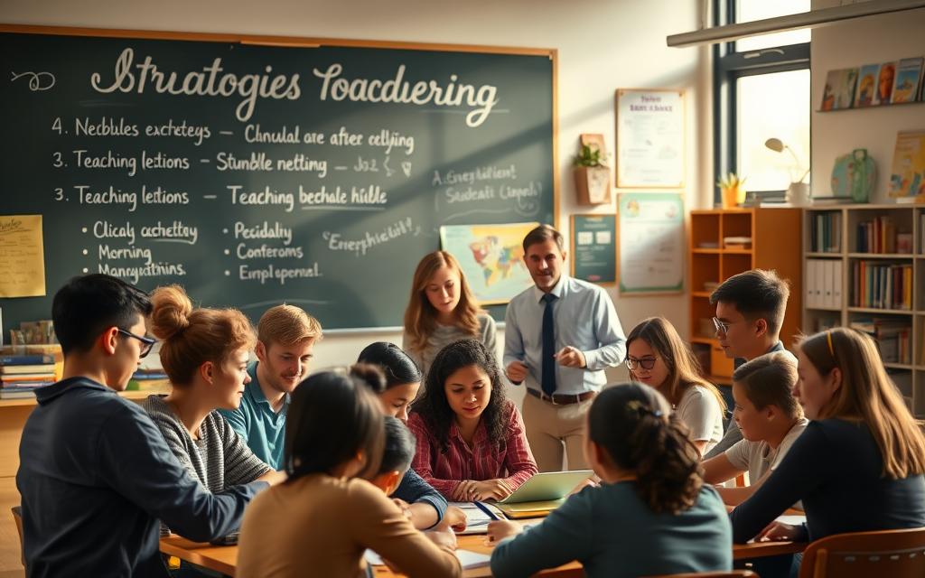 A vibrant classroom scene, with a chalkboard featuring strategies and teaching methods in an elegant cursive script. In the foreground, a group of diverse students collaborate on a project, their faces animated with engaged expressions. Warm, gentle lighting filters through large windows, casting a soft glow on the scene. In the middle ground, the teacher moves among the students, offering guidance and encouragement. The background depicts educational posters, shelves of books, and other tools of the trade, all creating a harmonious, intellectual atmosphere. The overall mood is one of productivity, learning, and a shared passion for education.