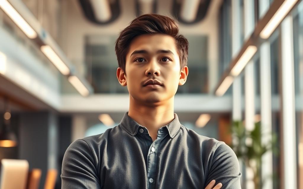A young professional standing at a crossroads, contemplating the impact of their apprenticeship program on their career trajectory. The scene depicts a well-lit office environment, with subtle hints of geometric shapes and architectural elements in the background, conveying a sense of structure and progression. The subject's gaze is pensive, their body language suggesting a moment of introspection, as they weigh the opportunities and challenges that lie ahead. The lighting is warm and directional, casting soft shadows and highlighting the subject's face, creating a sense of depth and dimension. The overall mood is one of anticipation and personal growth, reflecting the transformative nature of the apprenticeship experience.