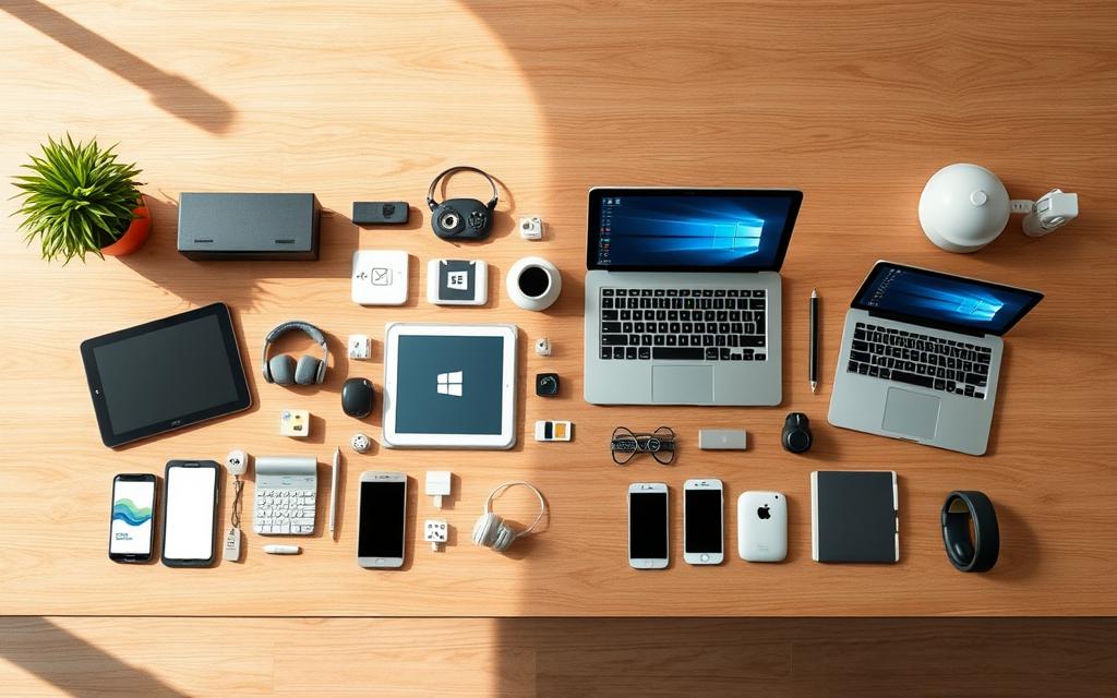 Comparative digital tools in a modern, minimalist workspace. Crisp, high-resolution imagery showcasing a variety of hardware and software icons arrayed across a sleek, wood-grain desk. Soft natural lighting casts warm shadows, highlighting the clean aesthetic. Tablets, laptops, smartphones, and productivity apps neatly presented to convey the versatility and integration of contemporary digital solutions. A serene, uncluttered composition that visually encapsulates the section title "Comparative and usage tips".