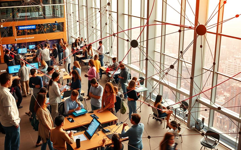 Intricate web of educational partnerships, interwoven with innovation and creativity. In the foreground, diverse individuals collaborate, sharing ideas and resources. The middle ground showcases cutting-edge classroom settings, interactive displays, and engaged students. The background reveals a vibrant, modern cityscape, symbolizing the integration of education within the broader community. Warm, natural lighting filters through large windows, casting a hopeful glow. Captured through a wide-angle lens, the scene conveys a sense of dynamic, forward-thinking educational ecosystems.