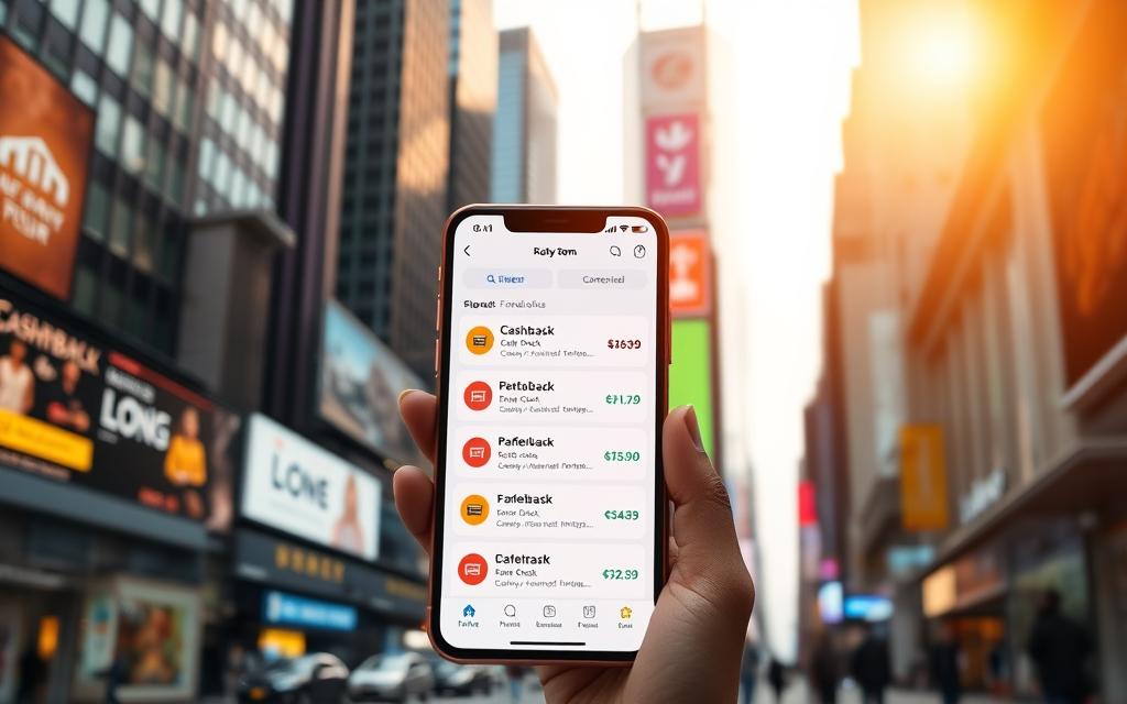 A bustling city street, with towering skyscrapers and neon billboards in the background. In the foreground, a person standing in front of a smartphone, their screen displaying a mobile app interface showcasing various cashback and referral program options. The lighting is a warm, golden hue, creating a sense of inviting opportunity. The composition places the smartphone center stage, with the city skyline providing a dynamic, futuristic backdrop, highlighting the seamless integration of technology and modern urban life. The scene conveys a mood of financial empowerment, where digital platforms offer accessible avenues for generating additional income through everyday purchases and social connections.