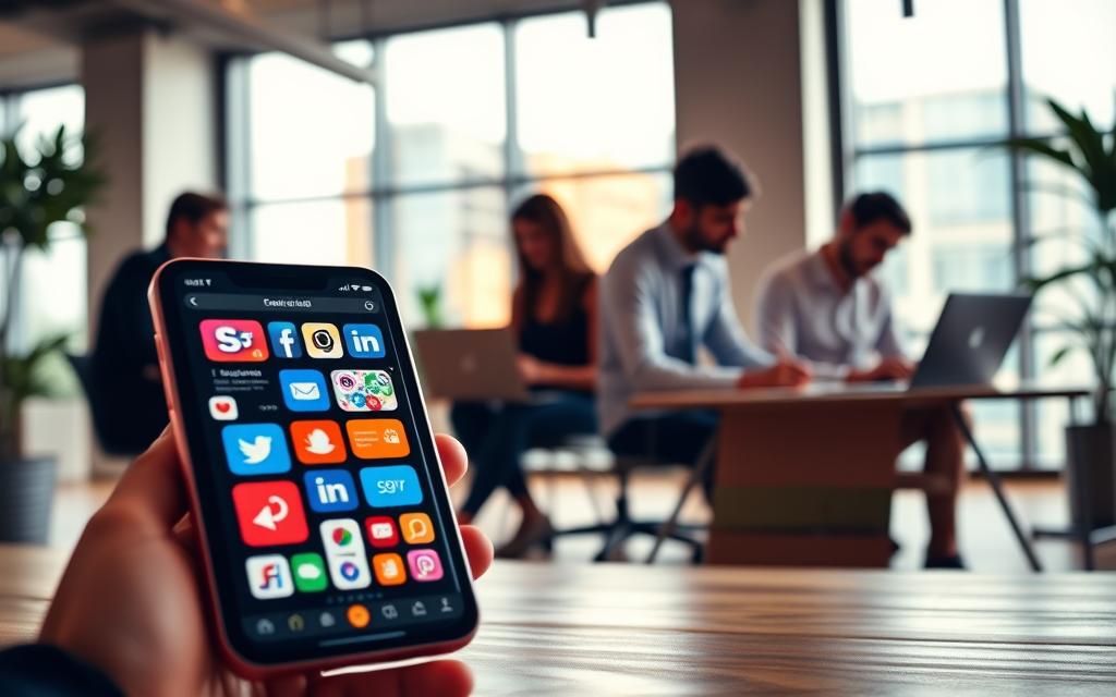 A vibrant, dynamic scene of social media marketing strategies. In the foreground, a smartphone displays various social media platforms, with colorful icons and interfaces. In the middle ground, digital marketing professionals collaborate, brainstorming campaign ideas and analyzing analytics data on their laptops. The background features a sleek, modern office setting with floor-to-ceiling windows, allowing natural light to flood the space. Warm tones and a sense of energy and productivity permeate the scene, conveying the power and potential of social media marketing to drive business growth.