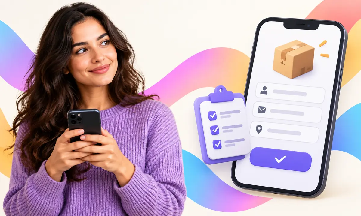 Ilustração de perfil de candidatura com checklist e formulário no celular